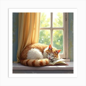 A Turkish Angora Cat Curled Up In A Sunlit Window With A Book, Watercolor 1 Art Print