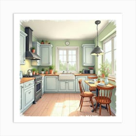 Bright And Airy Kitchen In Watercolor, Charming Detail 1 Art Print