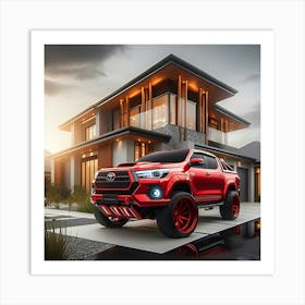 Red Toyota Hilux With Full Body Kit In Front Of Modern House 2 Art Print