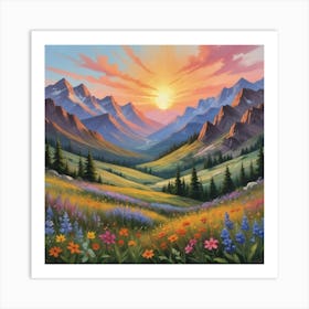 Sunset in the Mountains, Boho Landscape, Wildflowers Art Print 1 Art Print