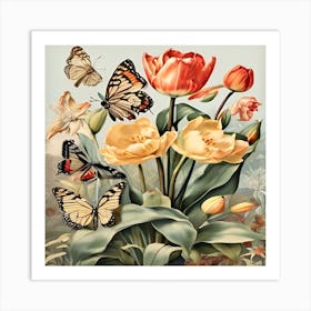 Tulips And Butterflies 1 Art Print