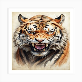 Angry Tiger portrait , mouth open big teeth Art Print