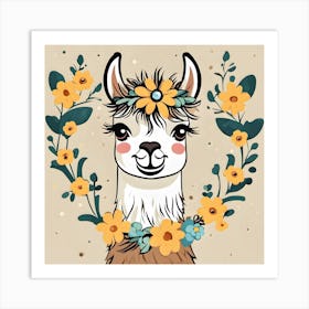 Llama With Flowers Art Print