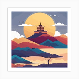 Chinese Landscape Painting Dawn Tibet Temple Meditation Art Print