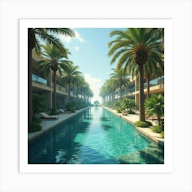 A Serene Oasis Surrounded By Palm Trees And A Glimmering Pool Of Crystal Water Art Print