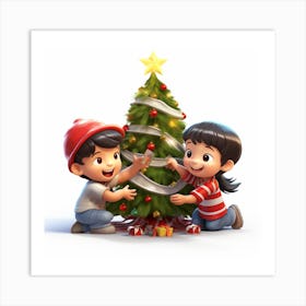 Children Decorating A Christmas Tree Art Print