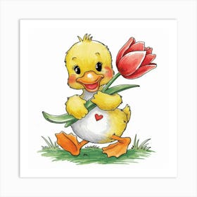 Duck With Tulip Art Print