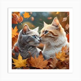 Two Cats Kissing In Autumn Leaves Art Print