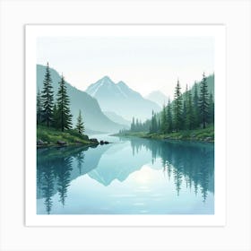 Peaceful Mountain Lake In Watercolor, With Reflections And Pine Trees Art Print