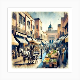 Watercolor 20th Century Moroccan Market Art Print