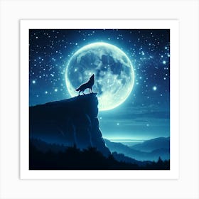 Moonlit Howl Wall Print Art A Mystical Scene Of A Wolf Howling Under A Starry Night Sky, Perfect For Adding A Touch Of Wonder To Any Space Art Print