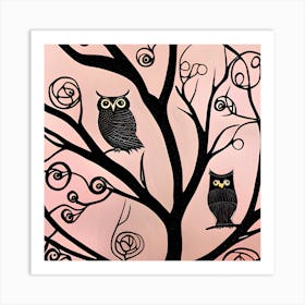 Pink And Black Owls Art Print
