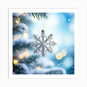 Glossy Snowflake Ornament Dangling From A Needle Of A White Fir Tree Dusted With Fresh Snow Backdr (4) Affiche