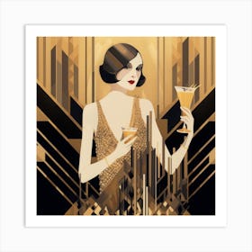 Art Deco inspired portrait of a flapper girl in a shimmering gold dress Art Print