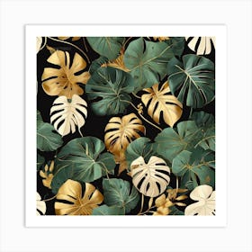 Golden and green leaves of Monstera 2 Art Print