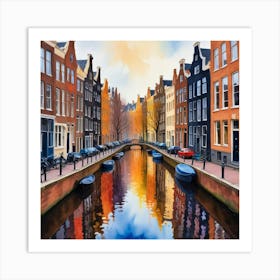 Canal Belt Amsterdam Neighborhood, Watercolor Art Print 3 Art Print