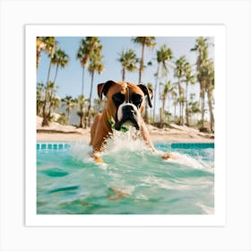 A dog boxer swimming in beach and palm trees 5 Art Print