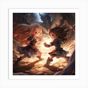 Two Girls Fighting A Dragon Anime Art Print