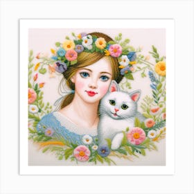 Girl With A Cat Art Print