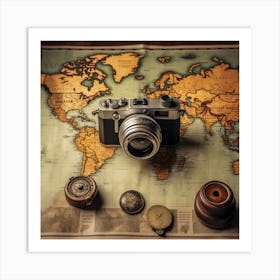 Vintage Camera On A World Map Art Print