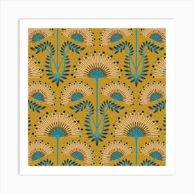 MIMOSA Art Deco Vintage Floral Botanical Damask in Blue Pale Pink and Black on Mustard Yellow Art Print