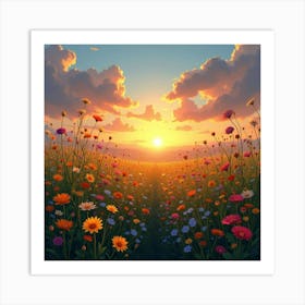 A Picturesque View Of A Field Of Colorful Wildflowers Under A Sunset Sky 1 Art Print