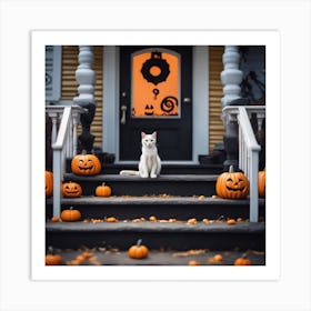 Halloween Cat In Front Of House 11 Art Print