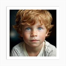 Portrait Of A Little Boy With Strawberry Blond Hair And Blue Eyes Showcasing Freckles Nose Child Art Print