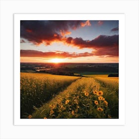 Sunset Over A Field Of Sunflowers Art Print