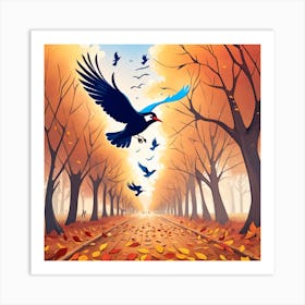 Autumn Background With Birds 1 Art Print