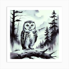 Monochrome Serenity: Little Owl In The Woods Art Print