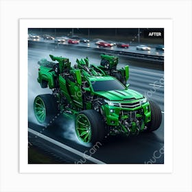 Green Truck Transforms from robot mode to car mode. Art Print