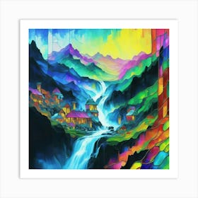 Abstract art stained glass art of a mountain village in watercolor 2 Art Print