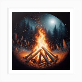 Campfire in the Woods: A Realistic Painting of a Warm and Cozy Night Scene Art Print