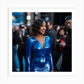 An Ethopian Black Woman Voluptuous Sexy Wearing An Elegant Blue Latex Dress VNeck Long on the Red Carpet - Created by Midjourney Art Print