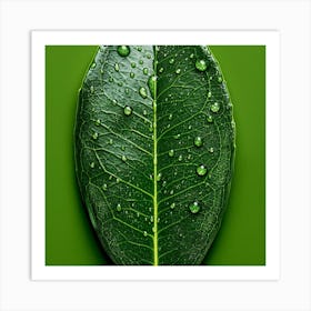 Green Leaf With Water Droplets Art Print