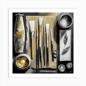 Firefly A Masculine Modern Italian Inspired Flatlay Of A Creative Workspace For Oil Painting, Stylis Art Print