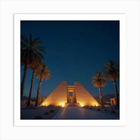 Ancient Egyptian Temple Surrounded By Palm Trees Under A Starry Night Sky 1 Art Print