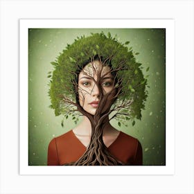 Firefly Fantasy, Woman, Tree, Elements, Green, Brown, Painting, Surreal, Speakeasy, Vibe, Realistic, (8) Art Print