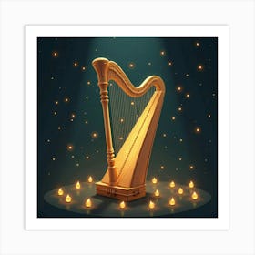 Mystical Harp Playing Itself, Surrounded By Glowing Lights Art Print