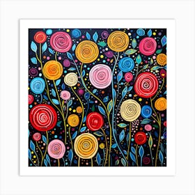 Colorful Flowers On Black Background Art Print