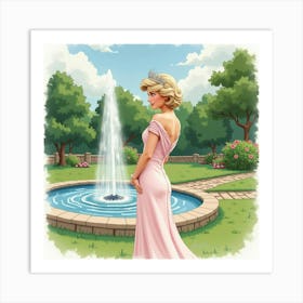 Princess Diana In A Watercolor Scene With A Tranquil Garden Fountain 1 Art Print