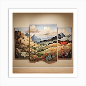 Three Paintings Of Mountains And Flowers Art Print