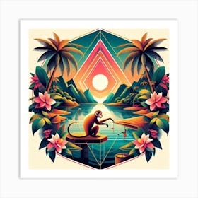 Geometric Art Tropical lake and monkey 2 Art Print