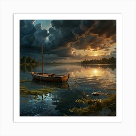 Photo Of Ultra Realistic Art On A Cracked Paper, Mosaic, Double Exposure, Boat Gently Bobbing On Calm Water Marks The End Of Summer Art Print