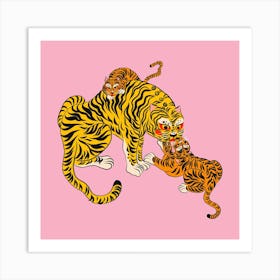 Wild Tiger Mama Pink Square Art Print