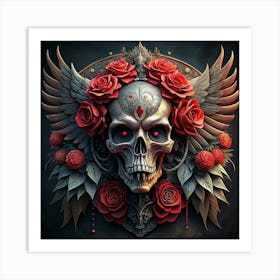 A Skull With Wings And Roses Art Print