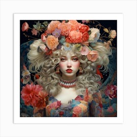 Girl With Flowers On Her Head Art Print