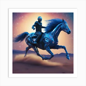 Man Riding A Horse In Desert Cyberpunk Art Print