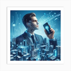 Futuristic Businessman Using Smart Phone Art Print